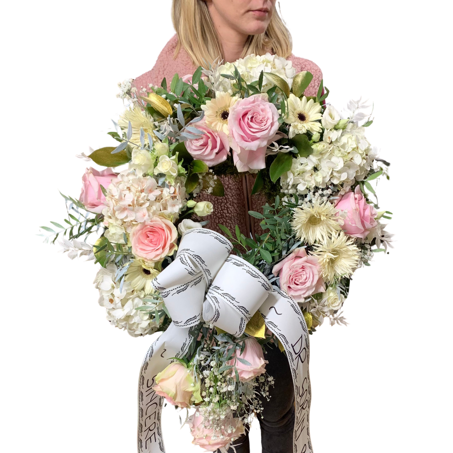 Coroană funerară tip lacrimă alb cu roz